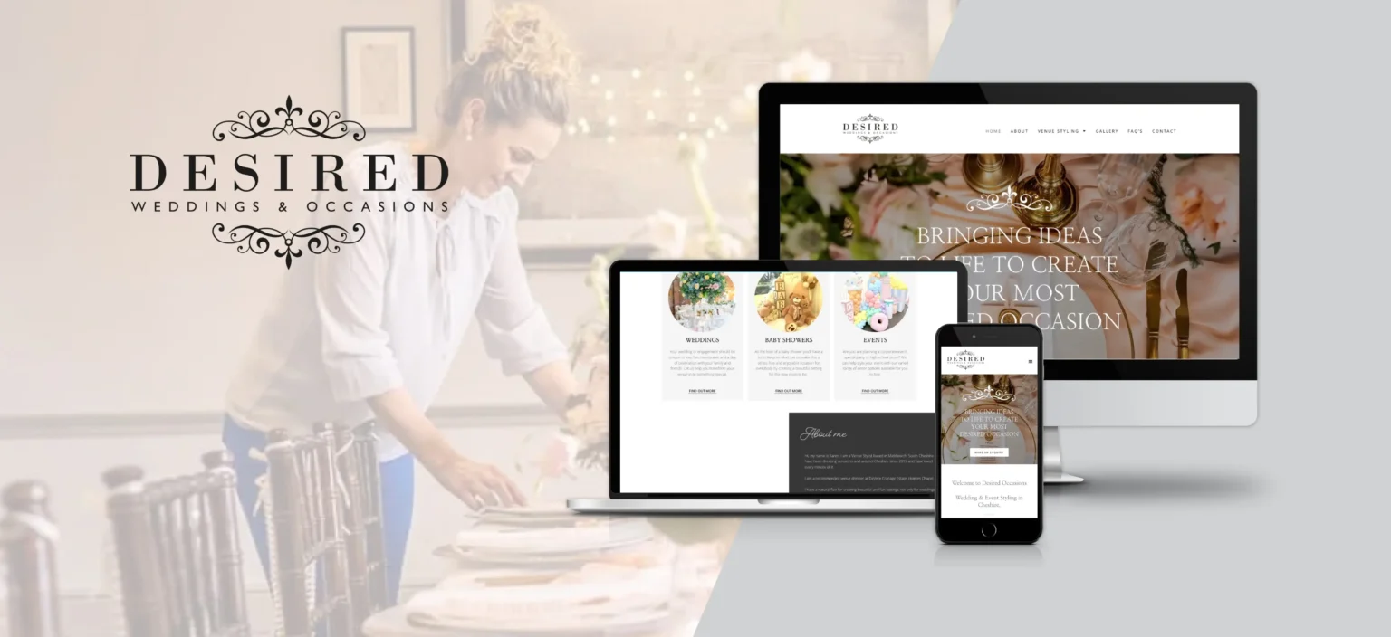 A woman sets a table for an event; on the right, a computer, laptop, and phone display the Desired Weddings & Occasions website.