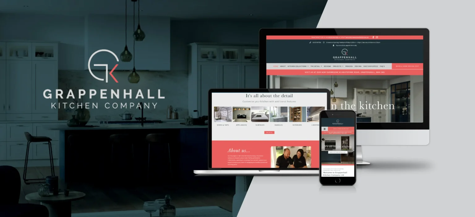 Grappenhall Kitchen Company logo and name beside computer, tablet, and phone screens displaying the company's website, with a modern kitchen in the background.