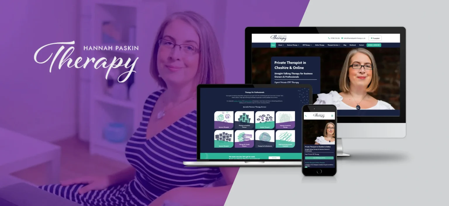 A woman sits on a chair next to graphics showing the Hannah Paskin Therapy website displayed on a monitor, laptop, and smartphone.
