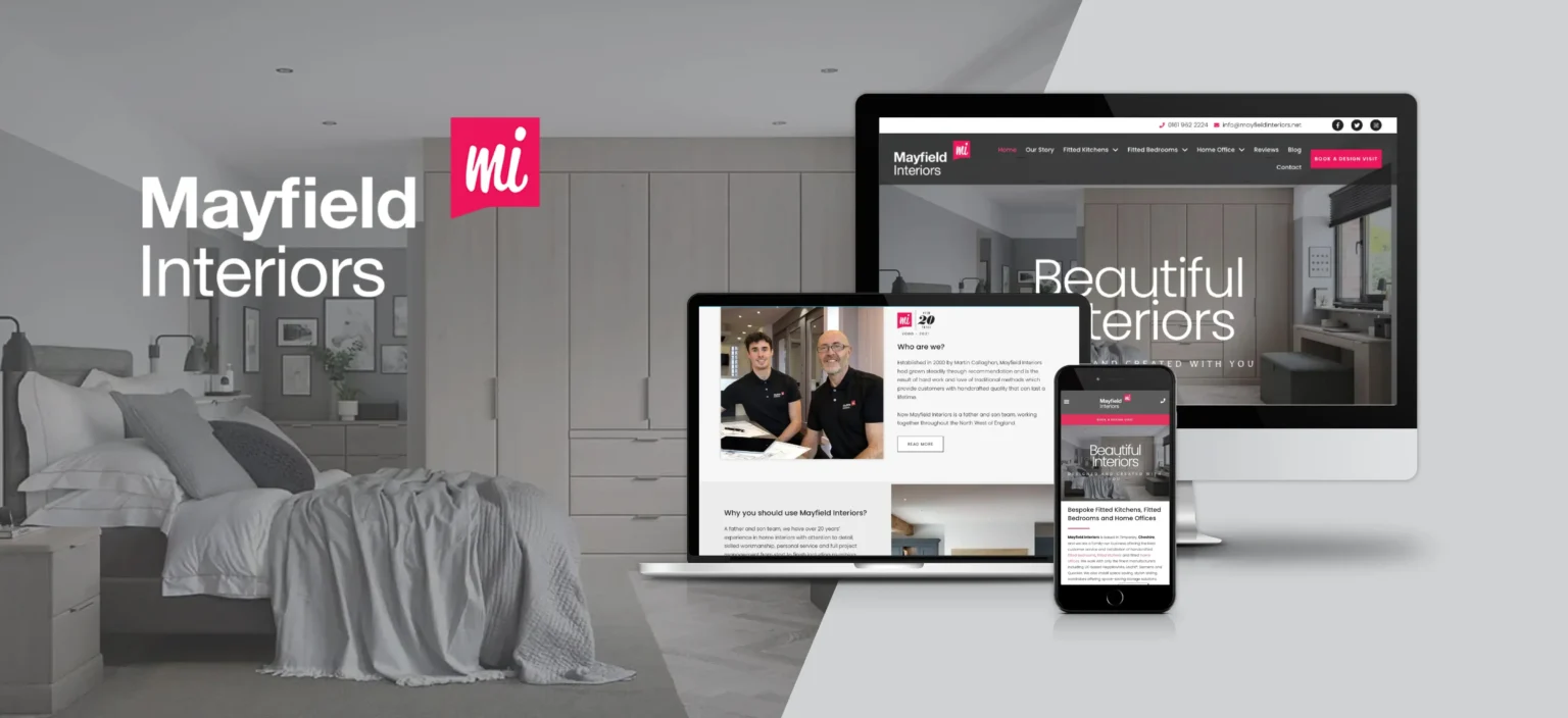 A bedroom interior is shown on the left, with Mayfield Interiors branding, and a laptop, tablet, and phone displaying the Mayfield Interiors website—and a feature on trusted Cheshire Plumbing services—on the right.