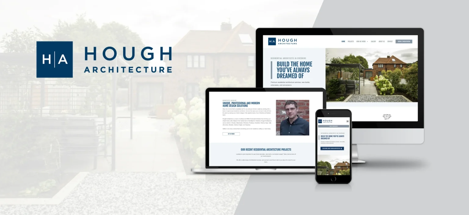 A branding image for Hough Architecture showing the company logo and website displayed on a desktop, laptop, tablet, and smartphone screen.