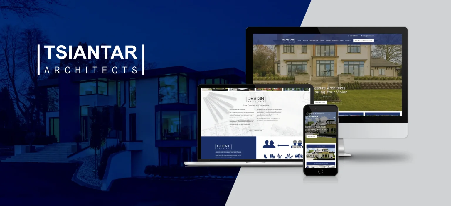 Digital mockups of a website for Tsiantar Architects are displayed on a desktop computer, laptop, tablet, and smartphone, with a modern building in the background.